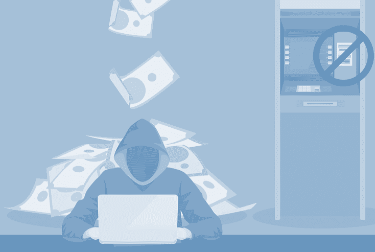 Hacker sitzt vor dem Laptop, im Hintergrund Bankomat und Geldscheine